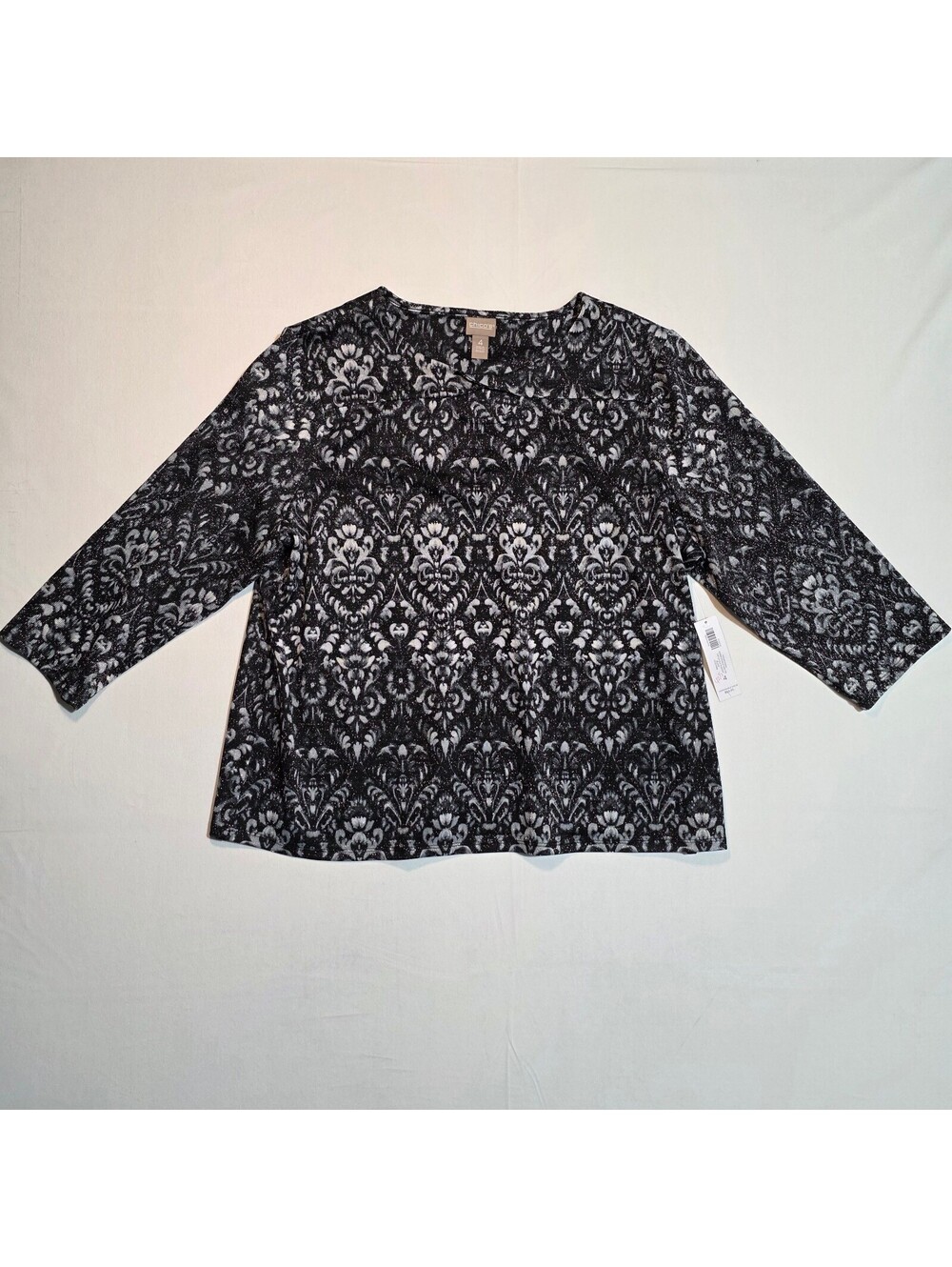 NWT Chico's Madam Maria Shimmer Keyhole Twist Tee Black Silver Damask Size 4 XXL